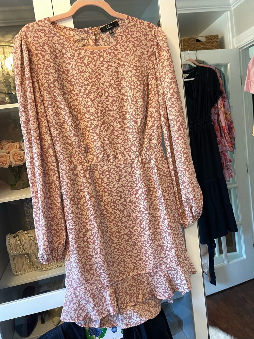 Lulu's Dusty Rose Floral Long-Sleeve Ruffle Hem Dress